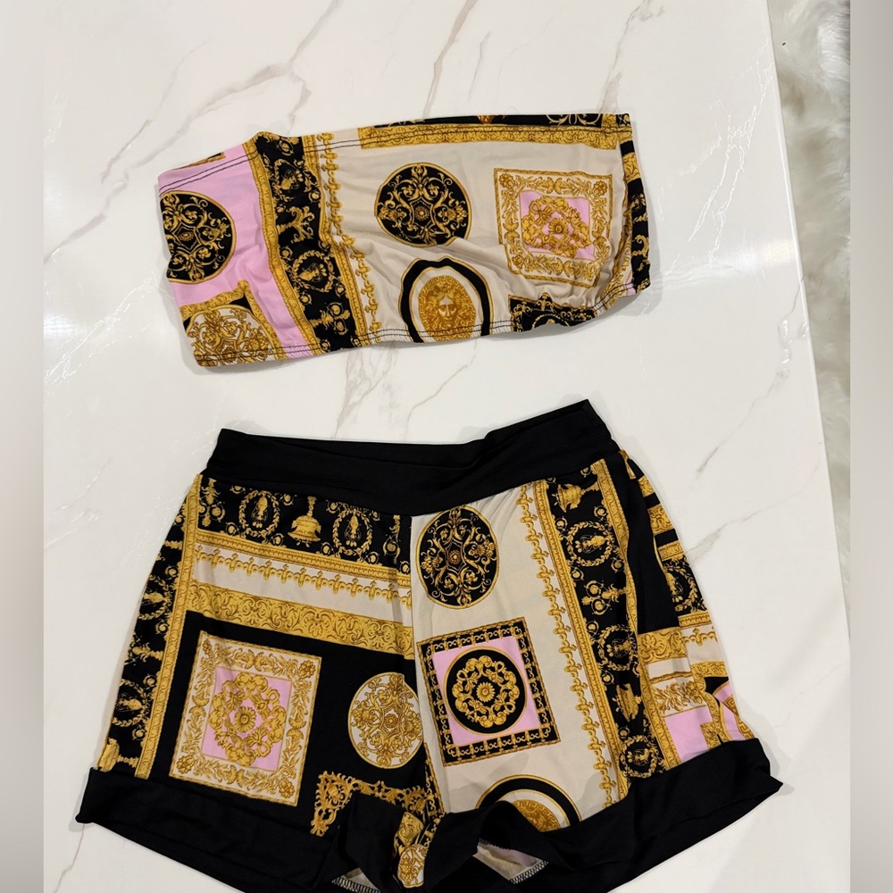 Fashion Nova 3 piece set Black, Gold & Pink Baroque High-Waist Shorts